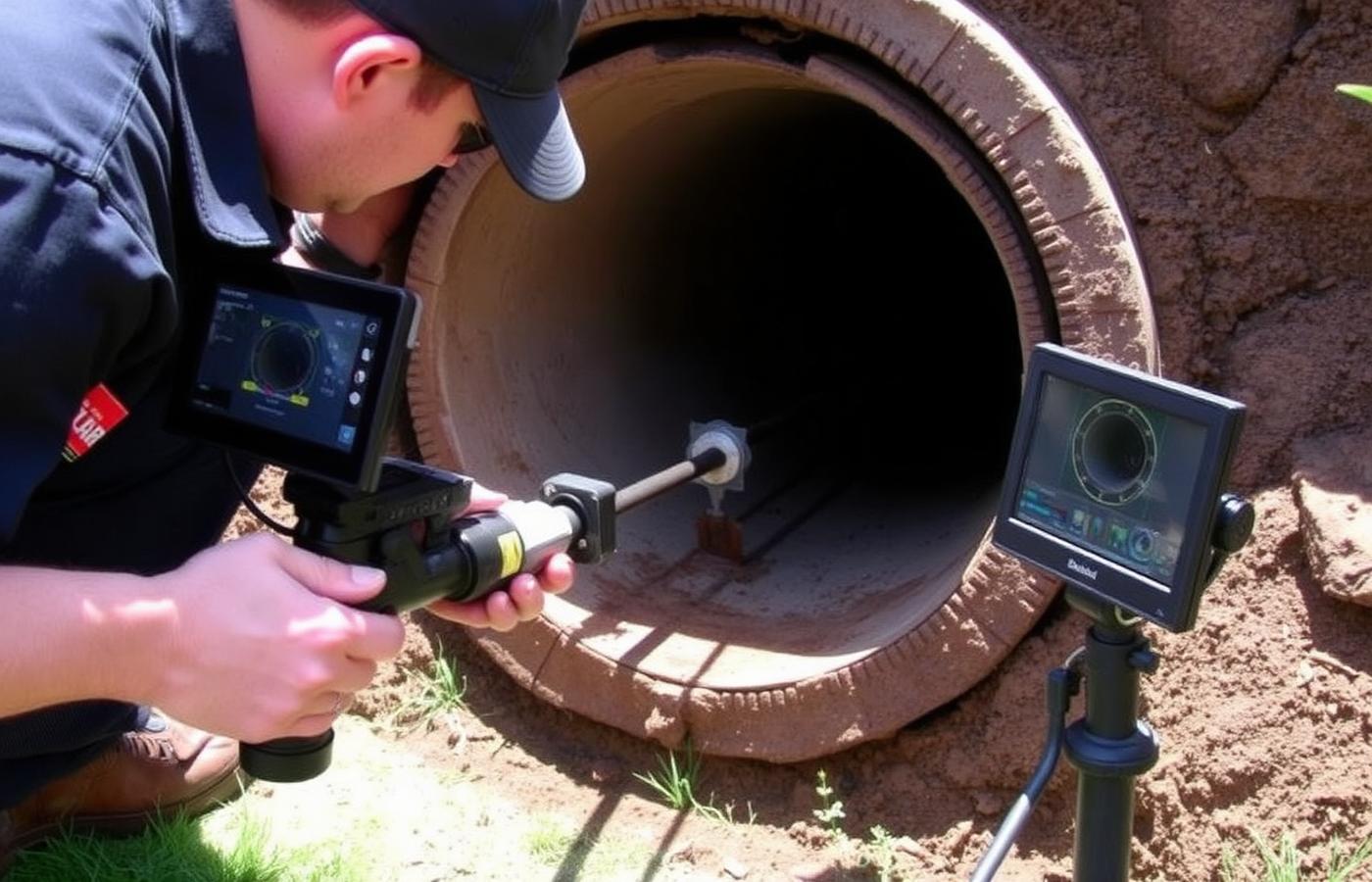 Technician inspecting a sewer pipe with a push rod video inspection camera