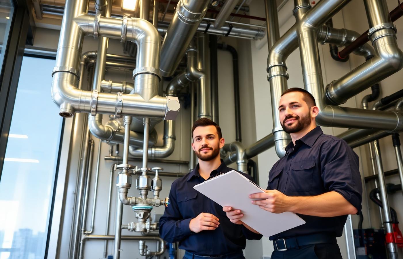 Commercial plumbing technicians inspecting pipes in an office building mechanical room