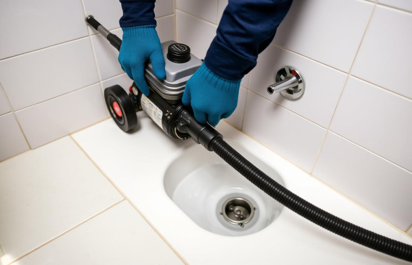 Plumber clearing a blocked drain with a professional motorized drain machine