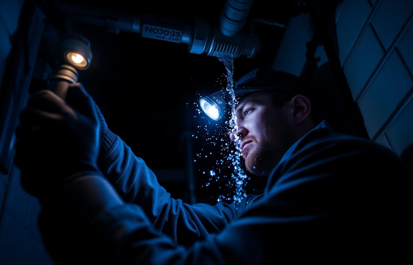 Emergency plumber repairing a burst water pipe at night with a headlamp