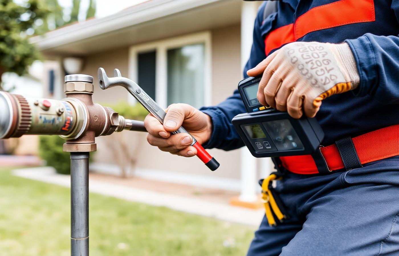 Licensed plumber repairing a residential natural gas line with a detector