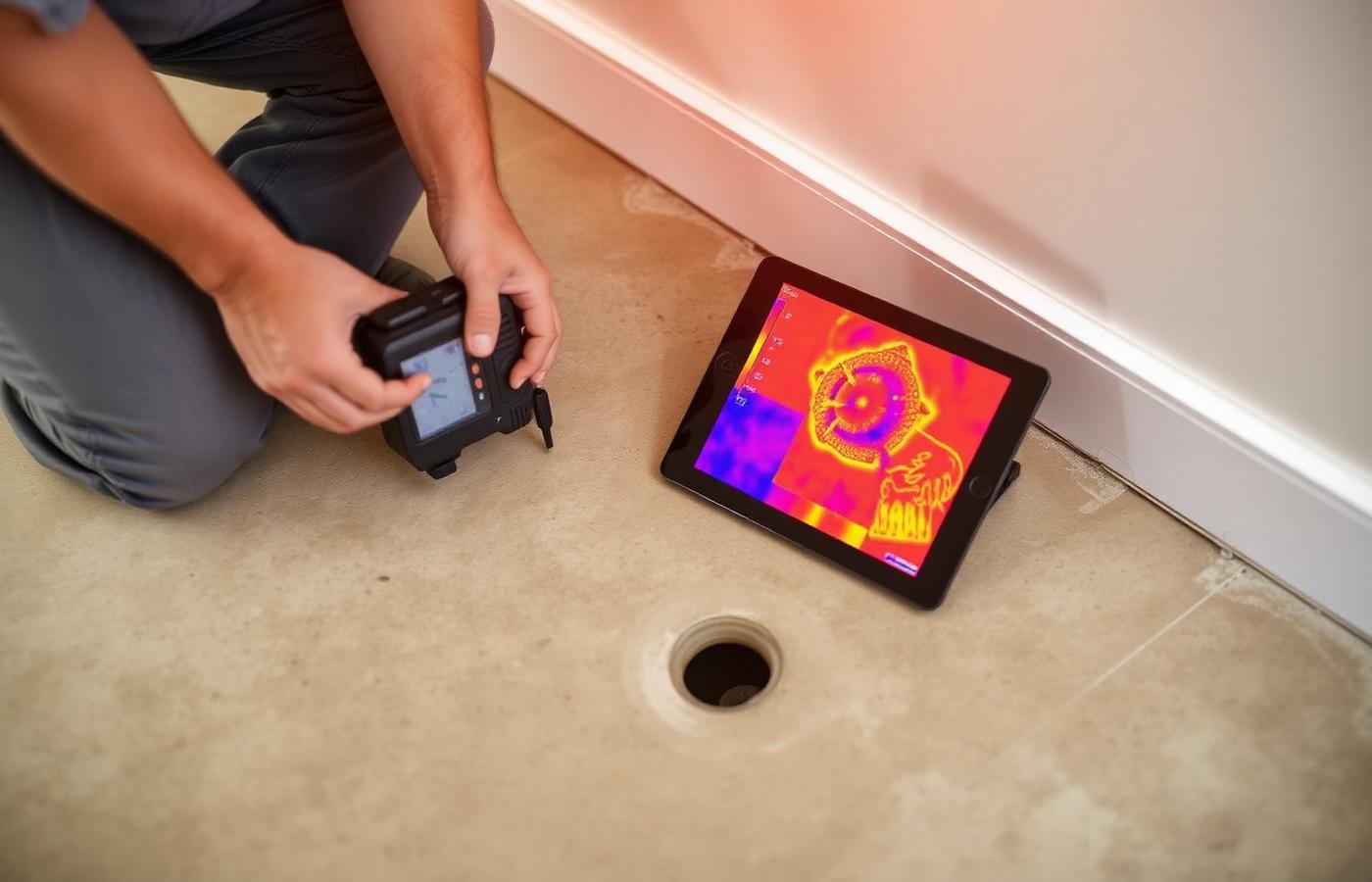 Plumber using acoustic and thermal leak detection equipment on a home slab