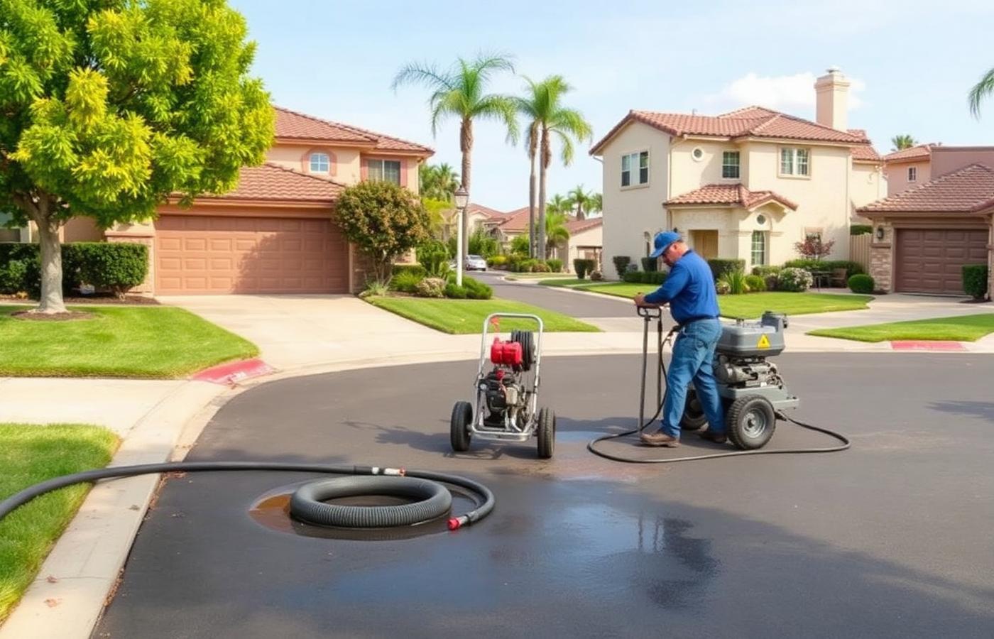 Buena Park California suburban street with a technician operating a drain machine