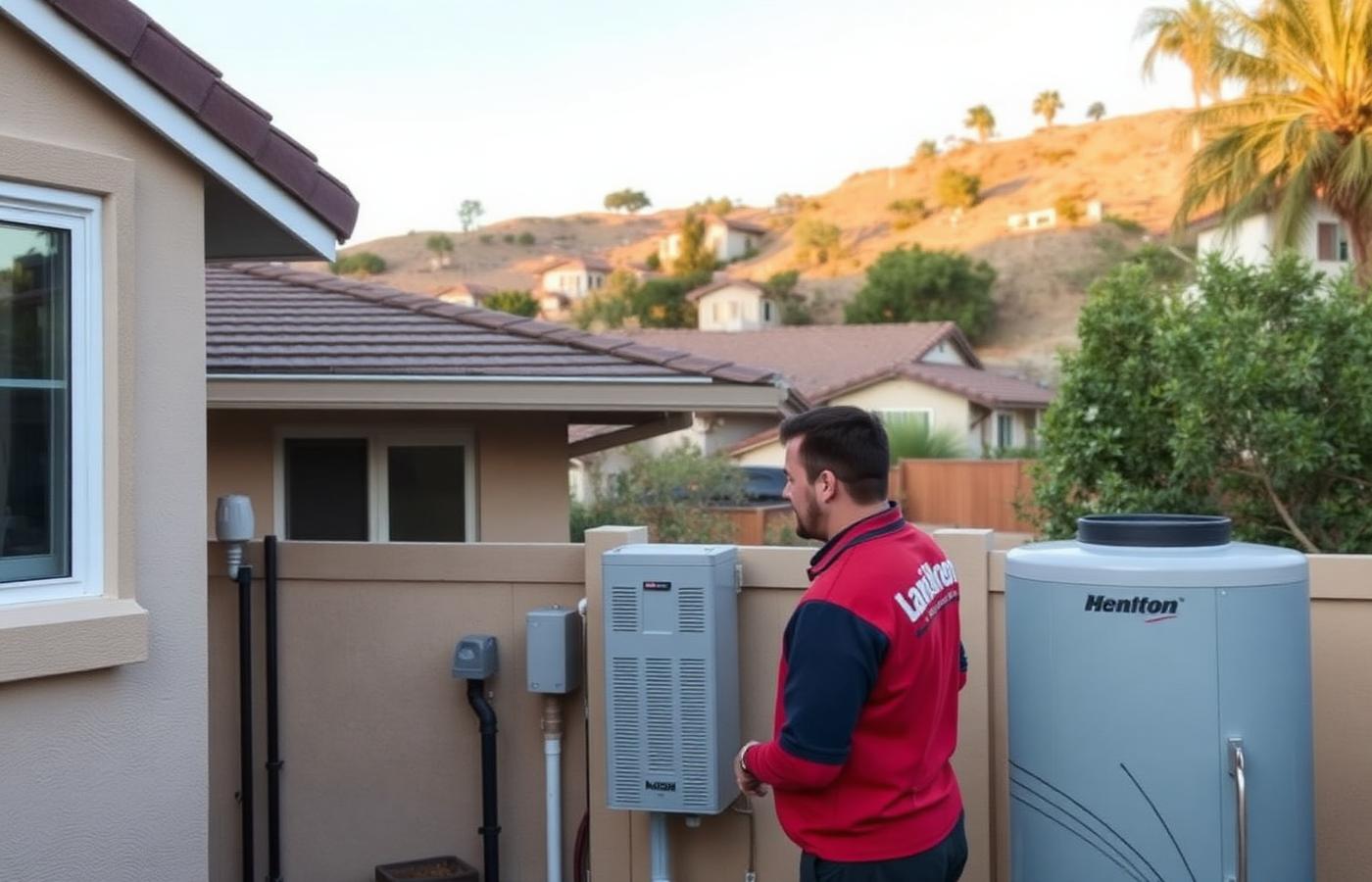 Fullerton California hillside home with a technician checking an outdoor water heater
