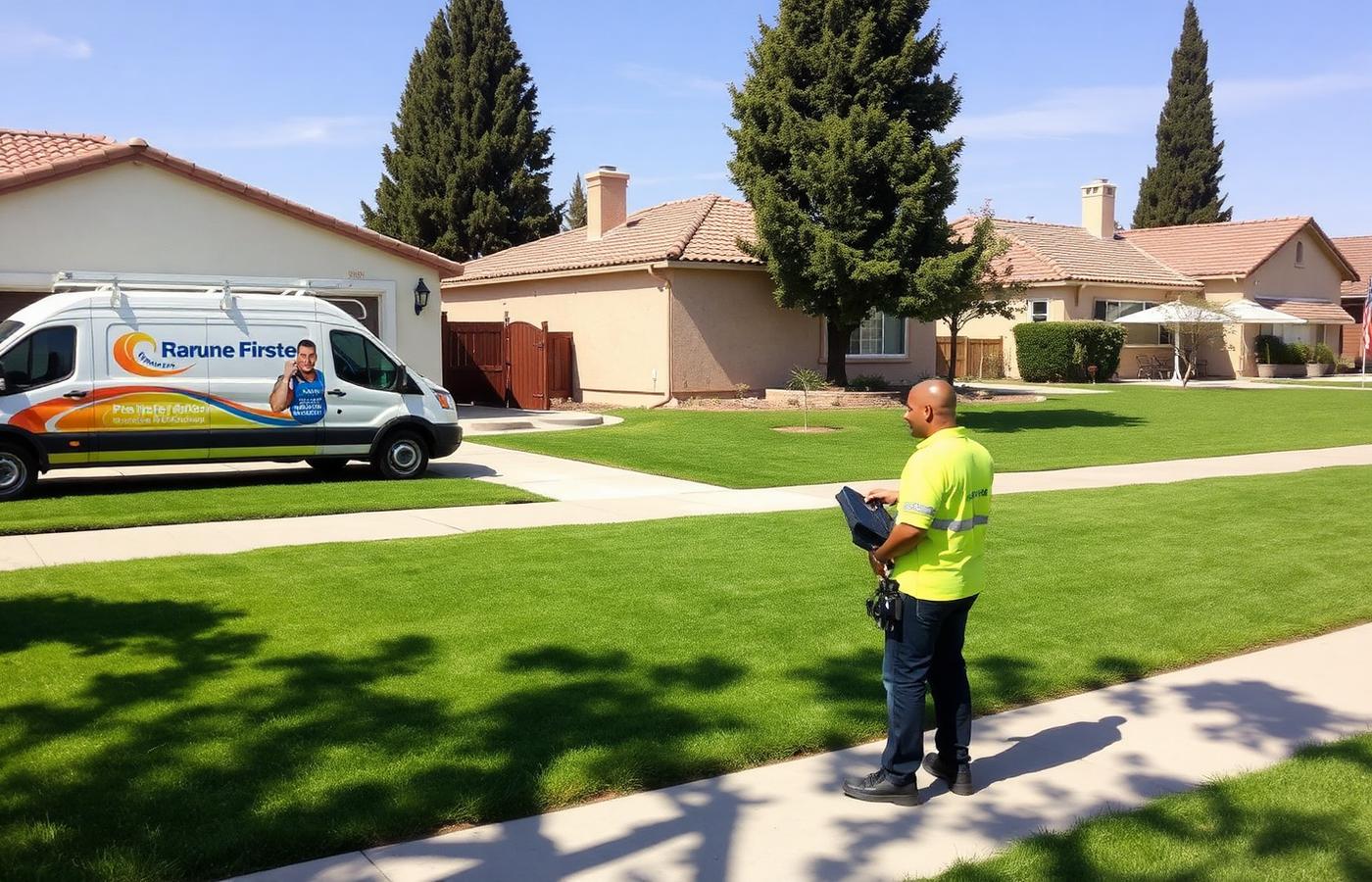 Garden Grove California family neighborhood with a plumber greeting a homeowner