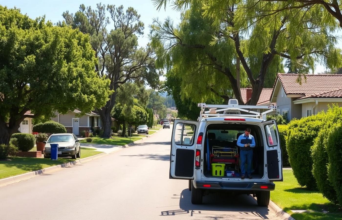 Placentia California residential street with a plumber unloading a service van