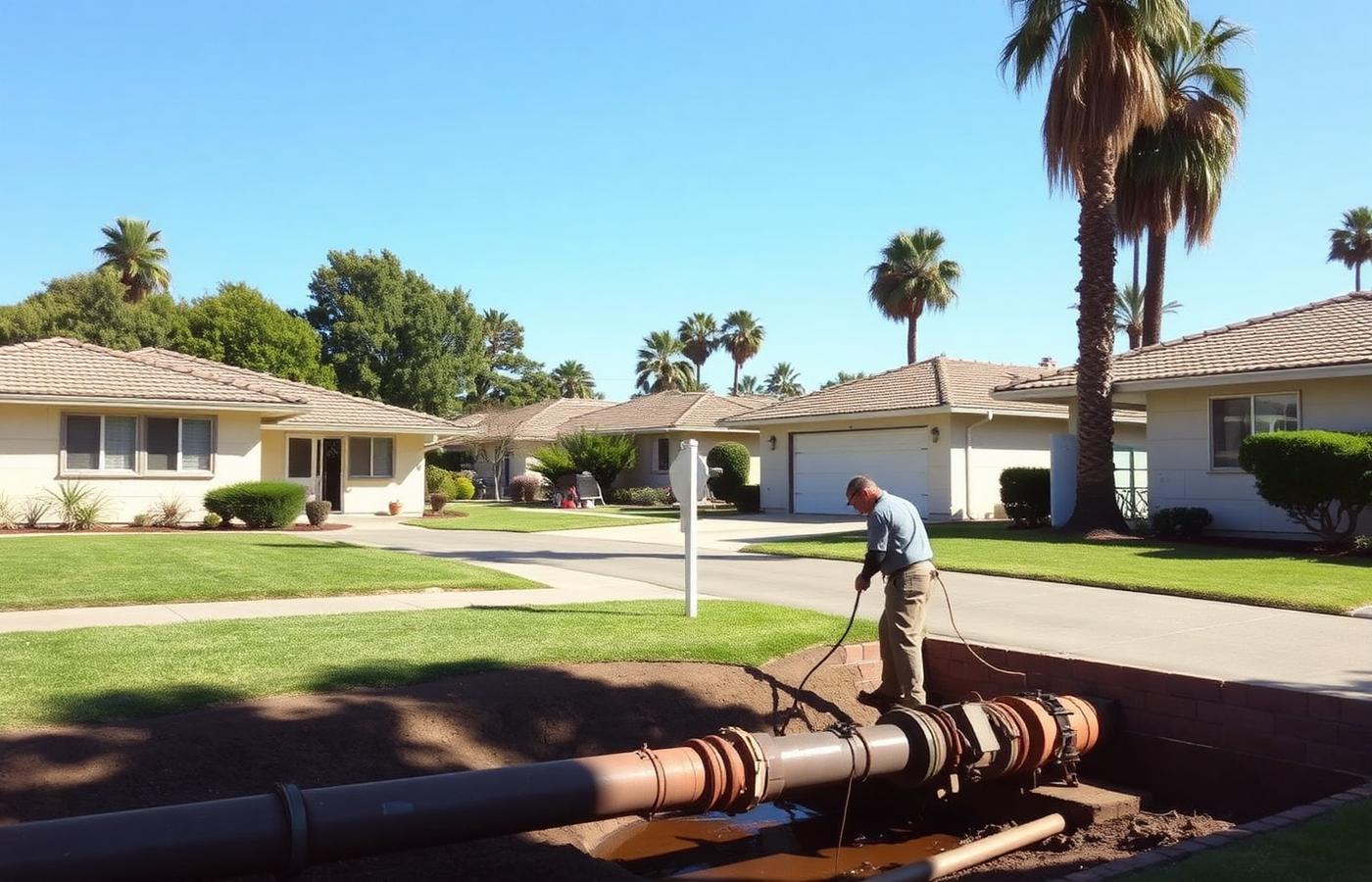 Santa Ana California neighborhood with ranch homes and a plumber working at a water main