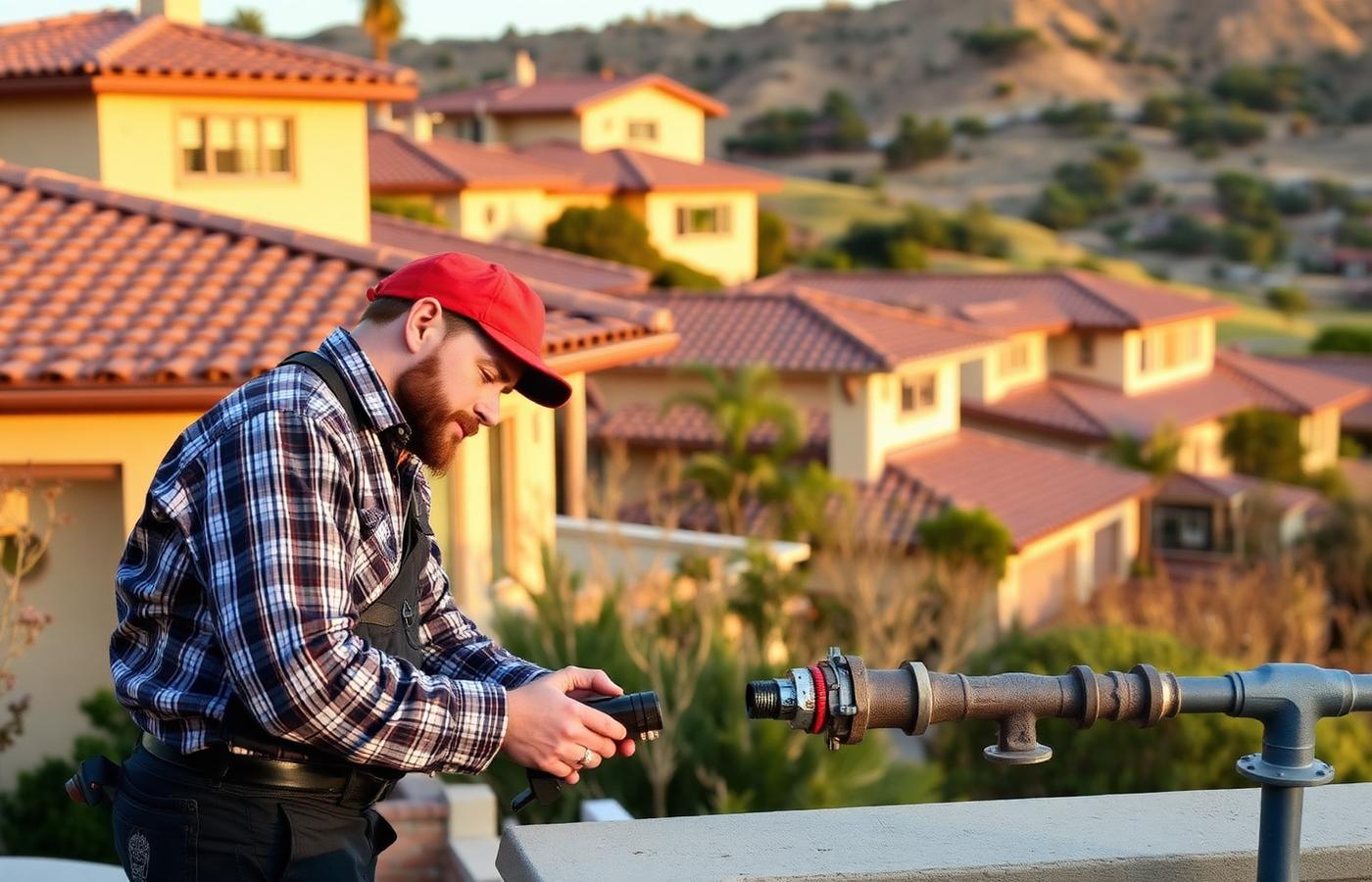 Yorba Linda California hillside homes with a plumber inspecting an outdoor manifold