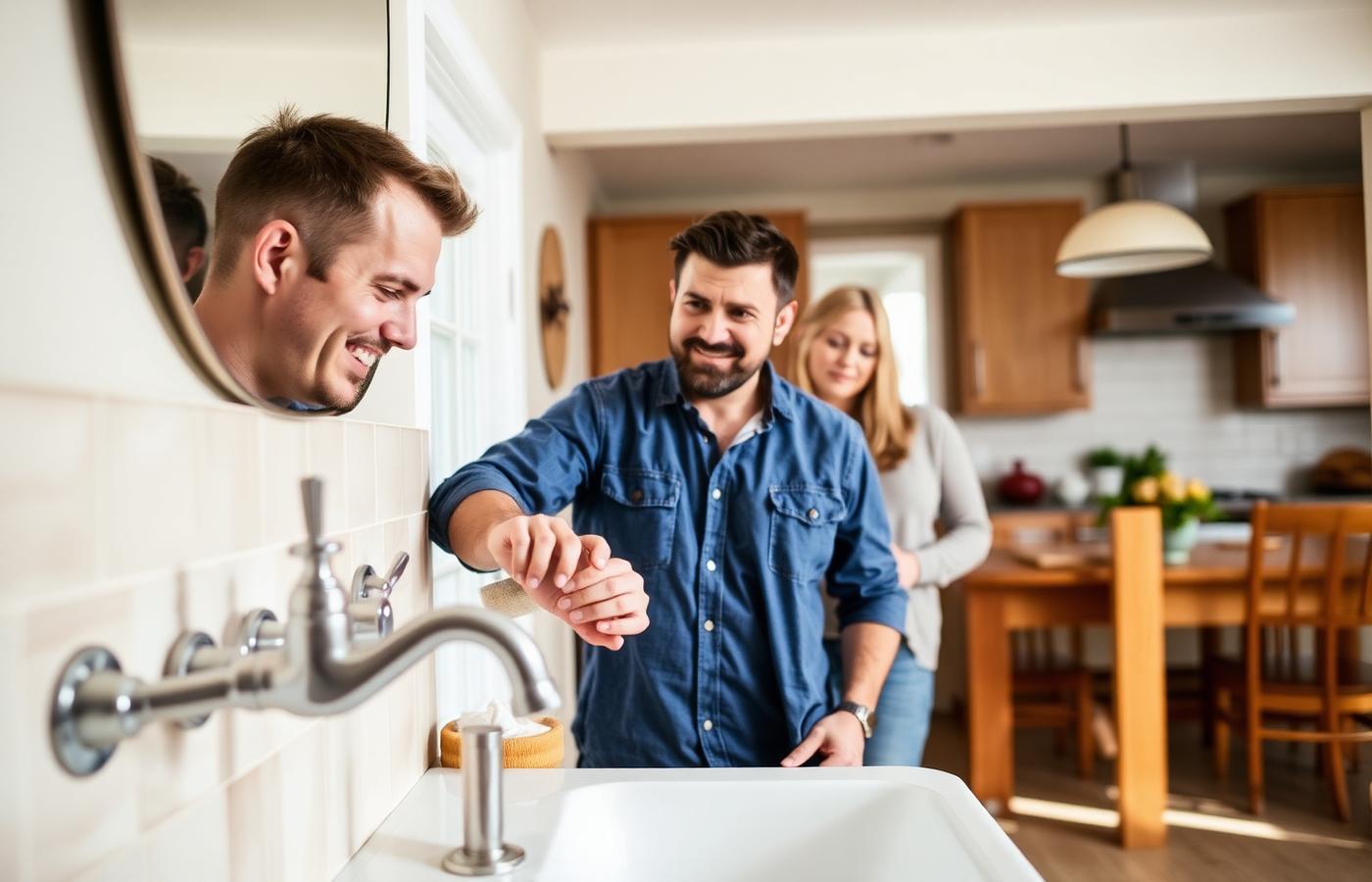 Friendly plumber repairing a bathroom faucet in a family home