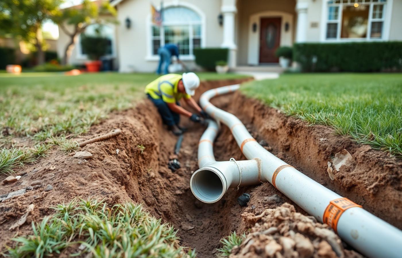 Sewer line repair with new PVC pipe being laid in a trench outside a California home
