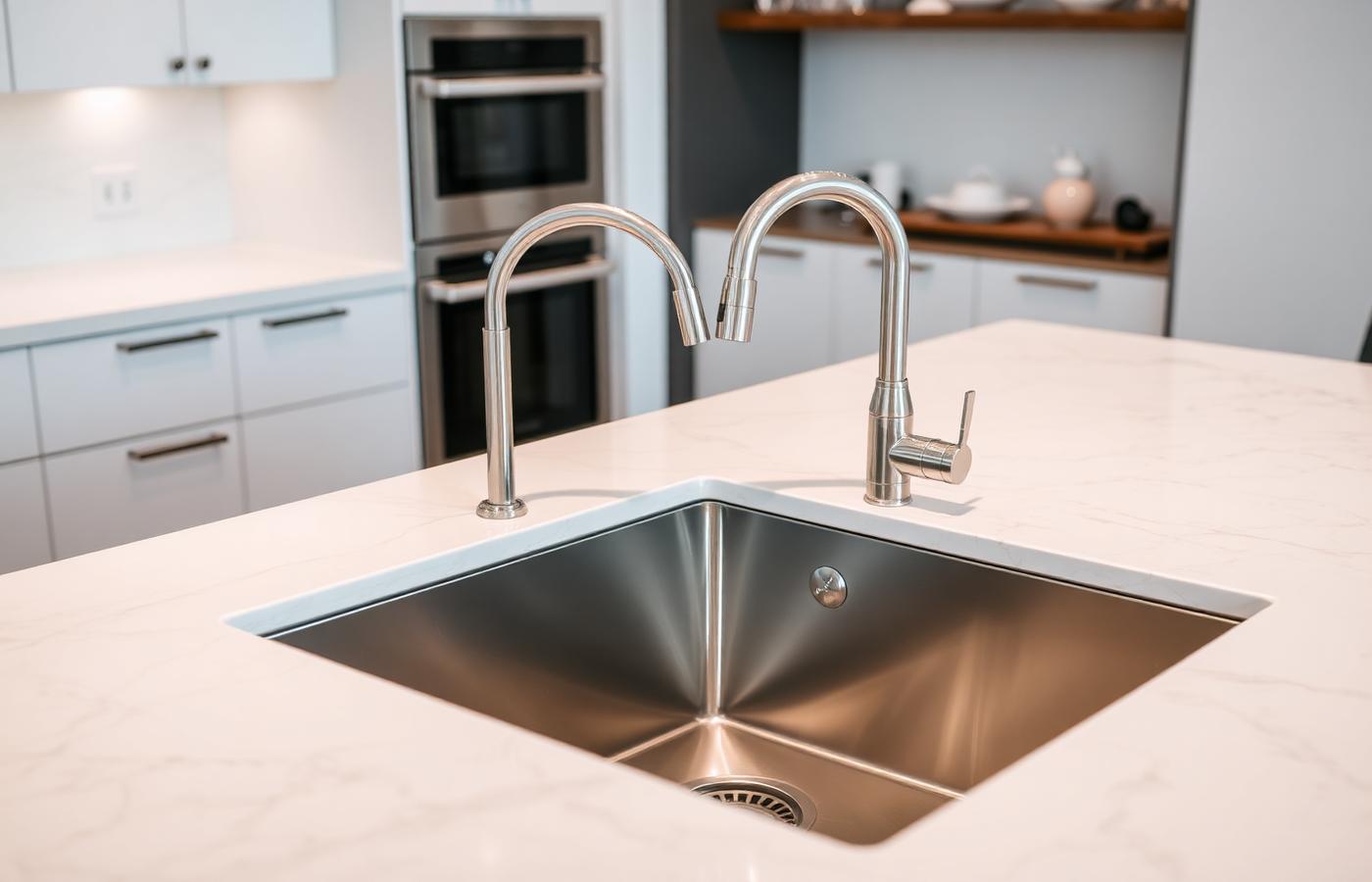 Luxury undermount kitchen sink and designer faucet installation in quartz counter