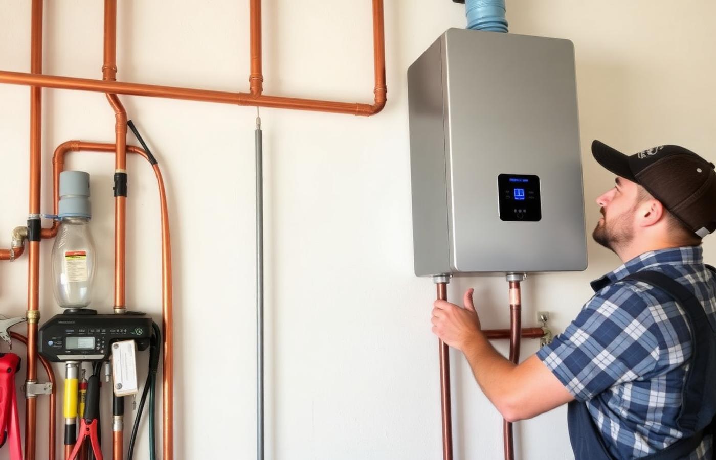 Technician installing a modern tankless water heater with copper piping